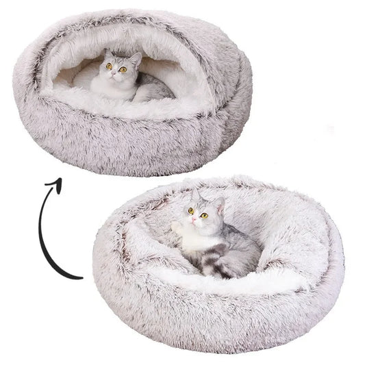 Snooze Cat Bed – Round Plush Fluffy Hooded Cozy Cave