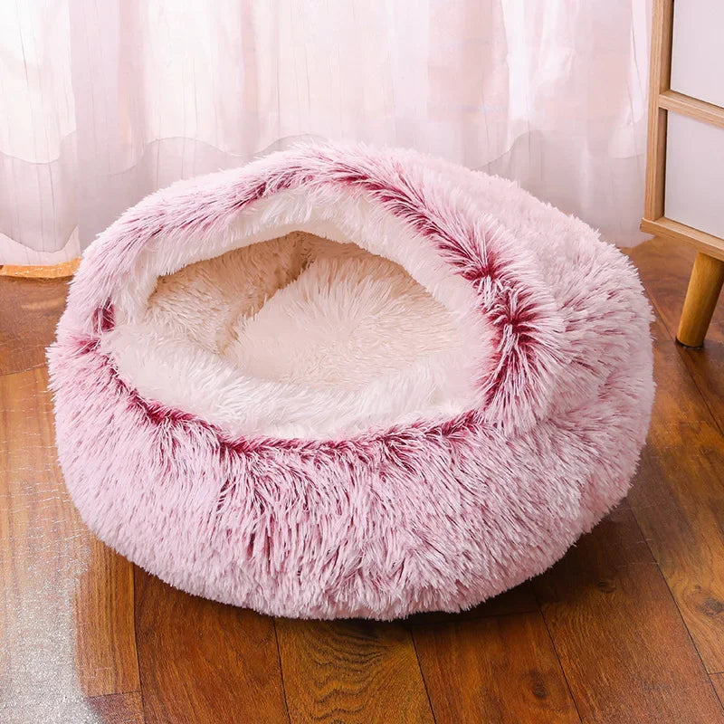Snooze Cat Bed – Round Plush Fluffy Hooded Cozy Cave