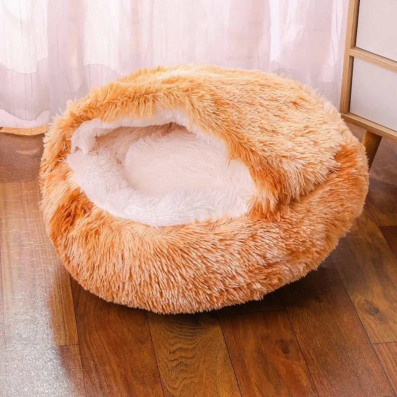 Snooze Cat Bed – Round Plush Fluffy Hooded Cozy Cave