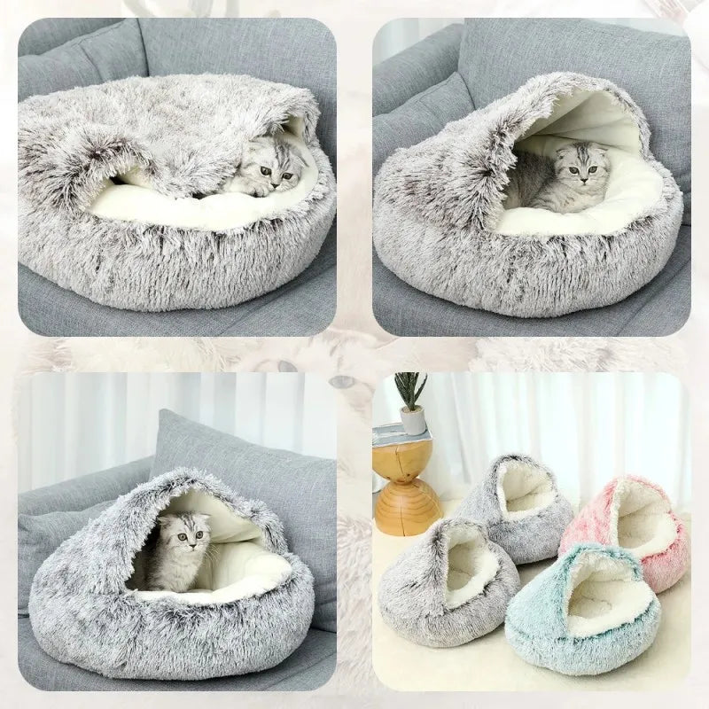 Snooze Cat Bed – Round Plush Fluffy Hooded Cozy Cave