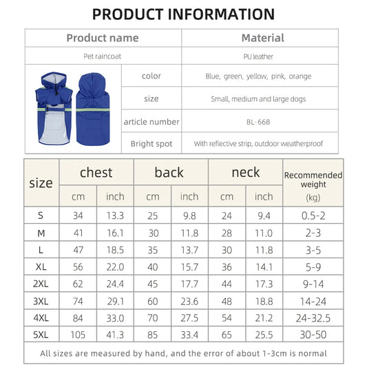 Large Dog Waterproof Hooded Raincoat