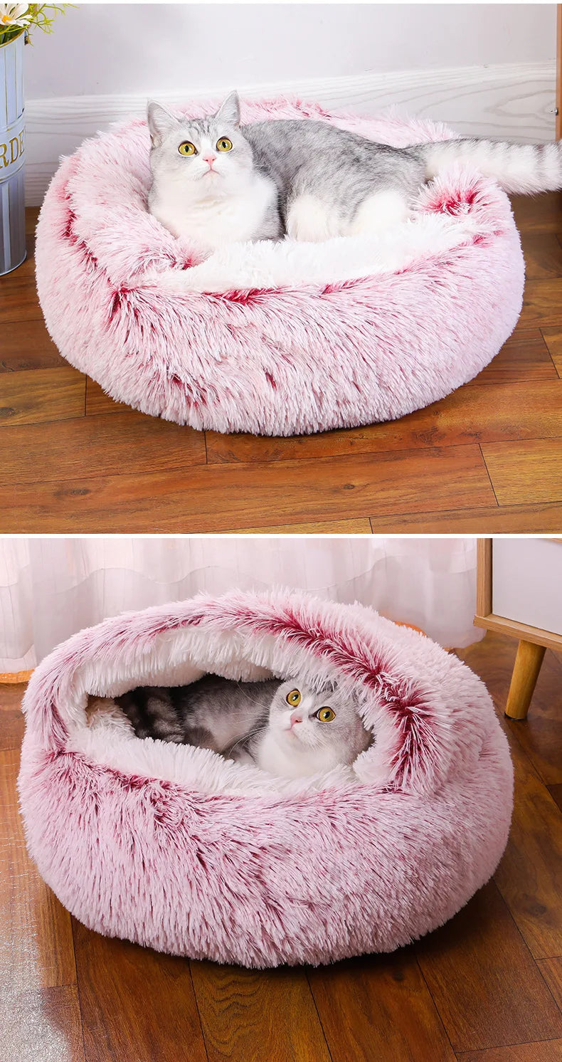 Snooze Cat Bed – Round Plush Fluffy Hooded Cozy Cave
