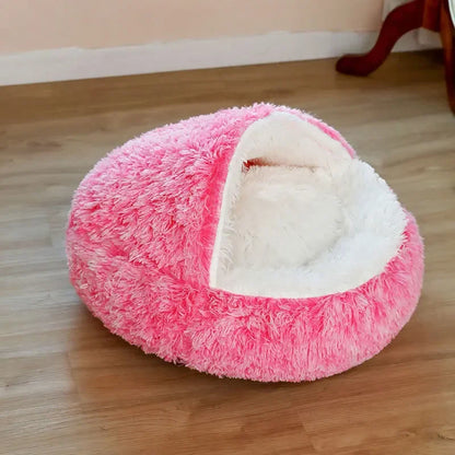 Snooze Cat Bed – Round Plush Fluffy Hooded Cozy Cave