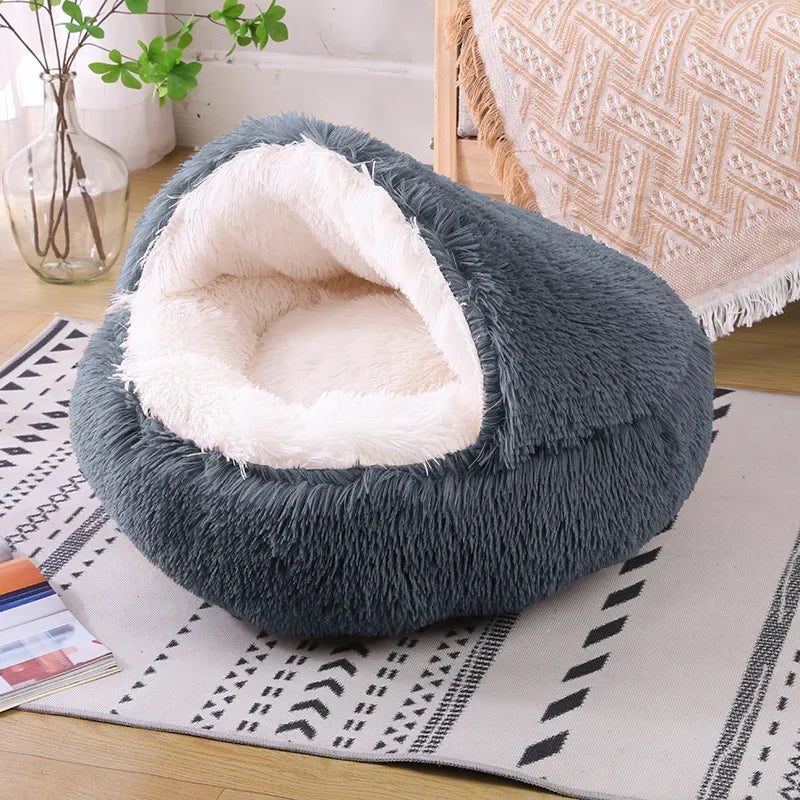 Snooze Cat Bed – Round Plush Fluffy Hooded Cozy Cave