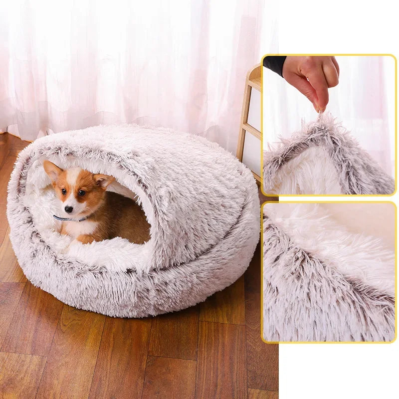 Snooze Cat Bed – Round Plush Fluffy Hooded Cozy Cave
