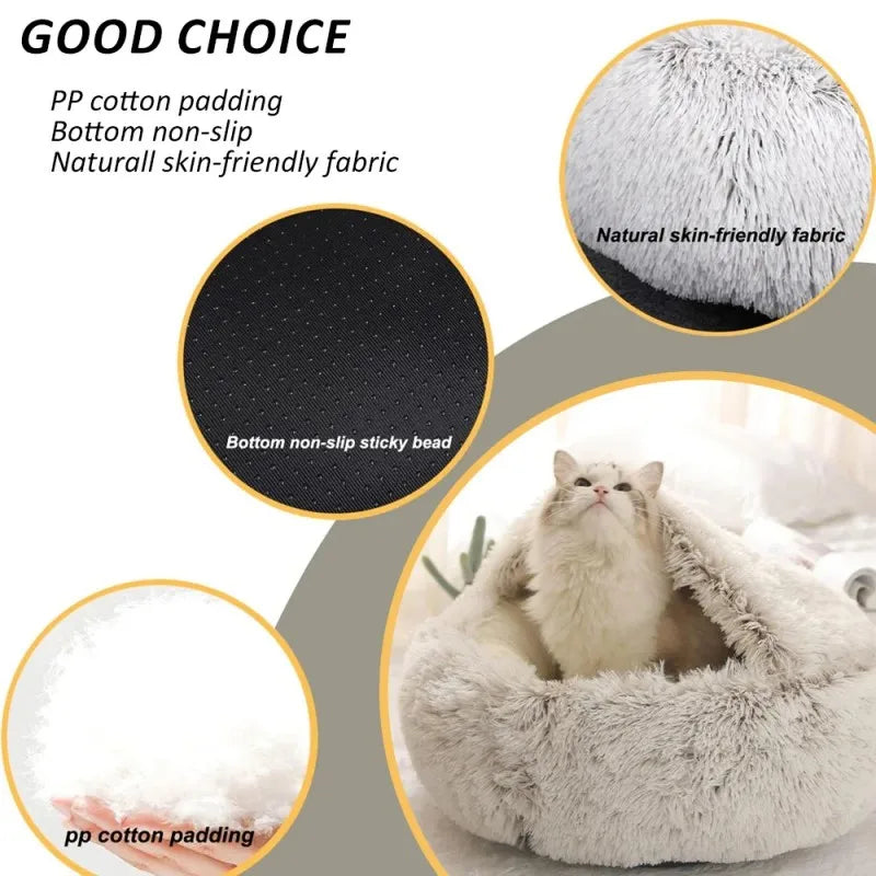 Snooze Cat Bed – Round Plush Fluffy Hooded Cozy Cave
