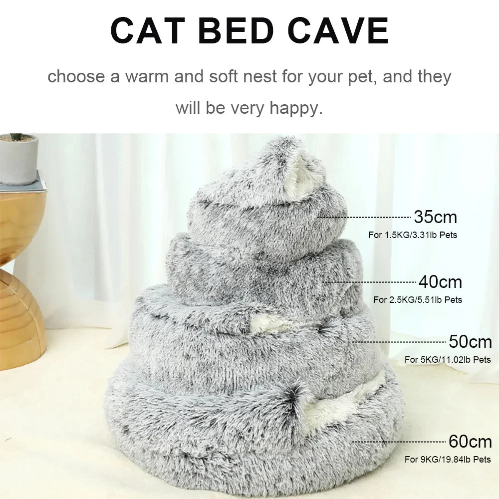 Snooze Cat Bed – Round Plush Fluffy Hooded Cozy Cave