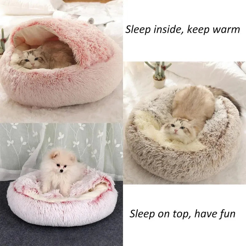 Snooze Cat Bed – Round Plush Fluffy Hooded Cozy Cave
