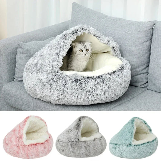 Snooze Cat Bed – Round Plush Fluffy Hooded Cozy Cave