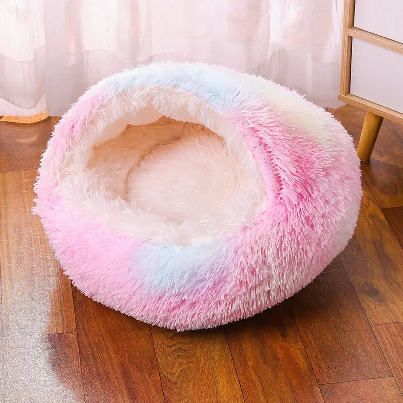 Snooze Cat Bed – Round Plush Fluffy Hooded Cozy Cave