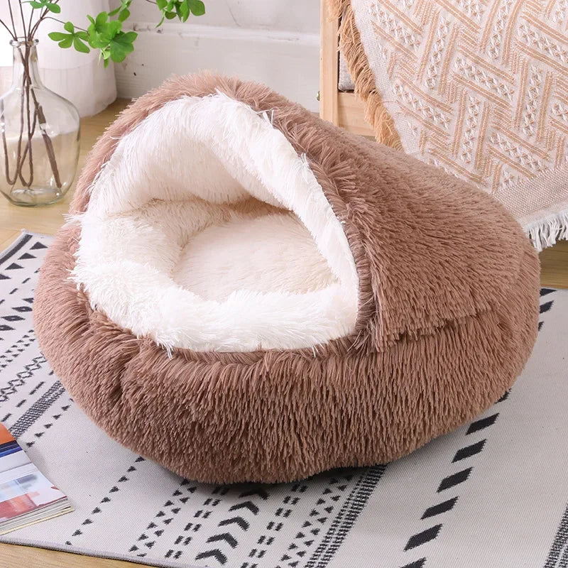 Snooze Cat Bed – Round Plush Fluffy Hooded Cozy Cave