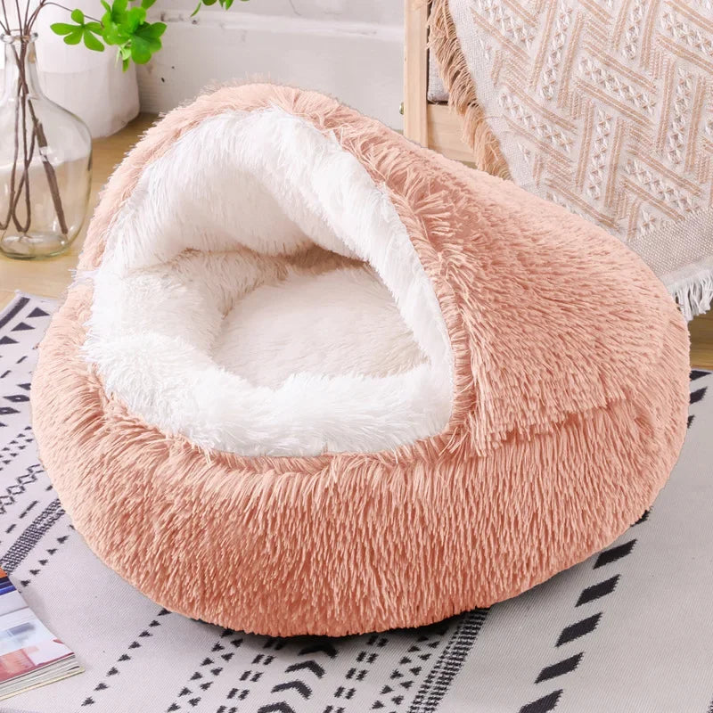 Snooze Cat Bed – Round Plush Fluffy Hooded Cozy Cave