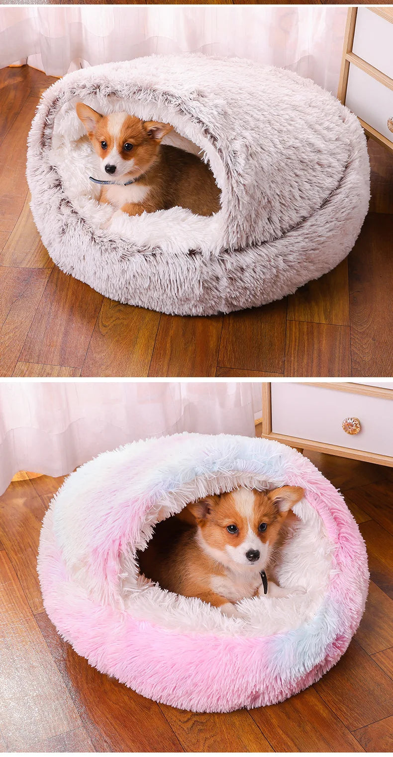 Snooze Cat Bed – Round Plush Fluffy Hooded Cozy Cave