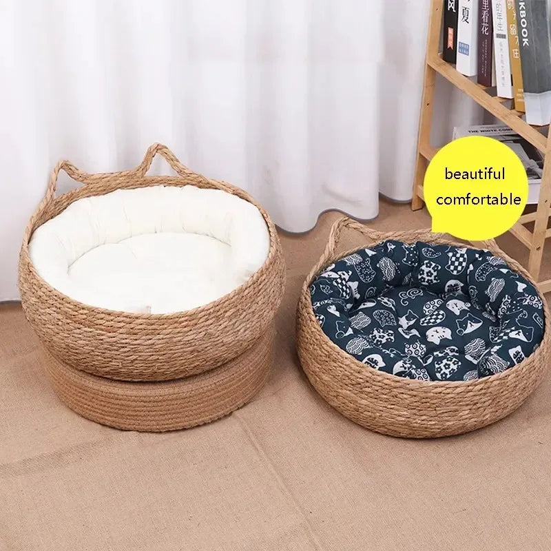 Natural Woven Cat Bed with Washable Pad