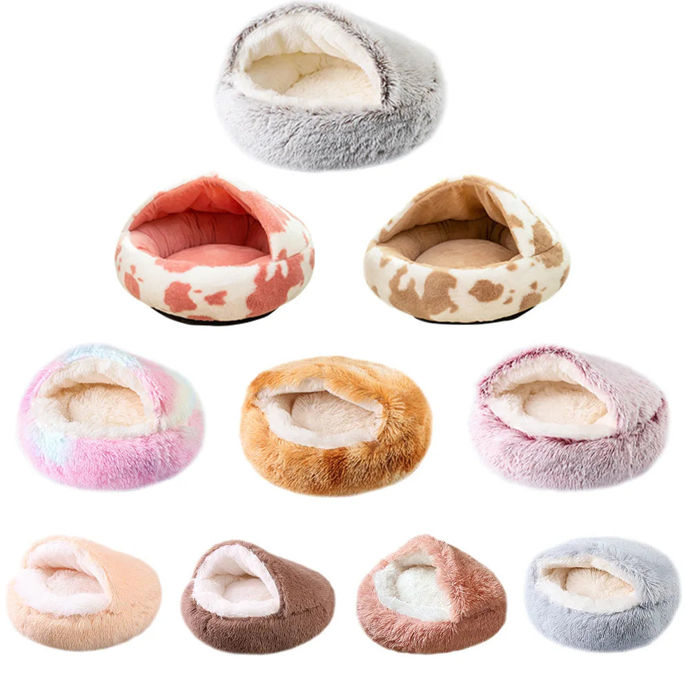 Snooze Cat Bed – Round Plush Fluffy Hooded Cozy Cave