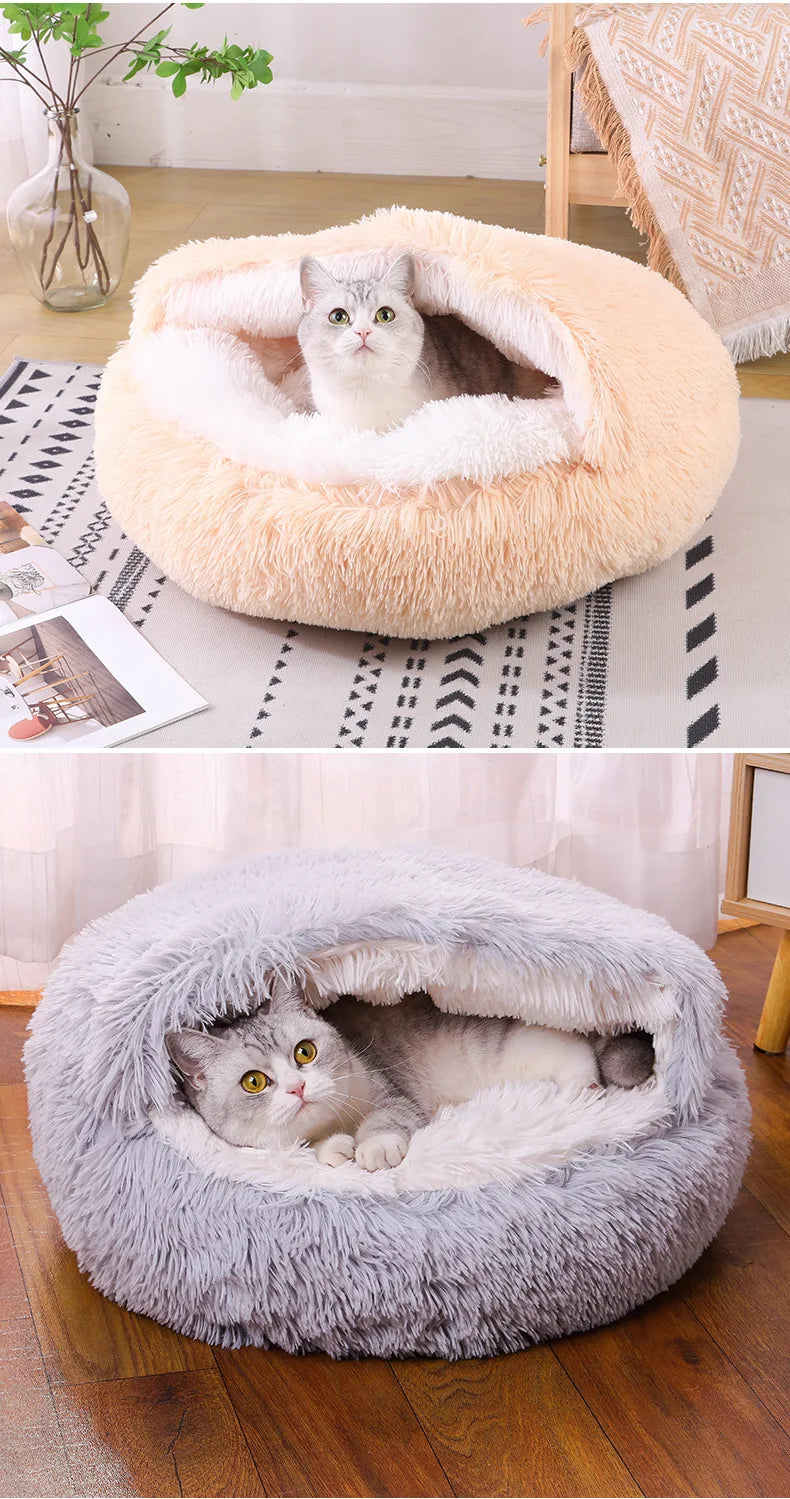 Snooze Cat Bed – Round Plush Fluffy Hooded Cozy Cave